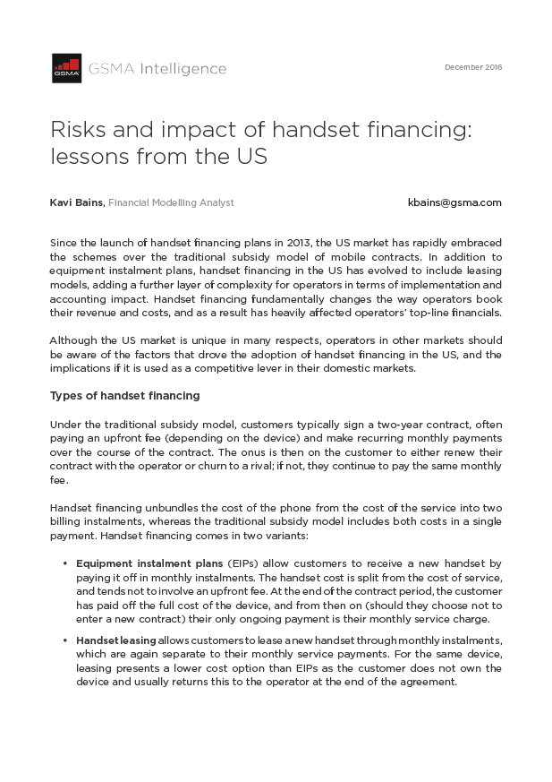 Risks and impact of handset financing: lessons from the US