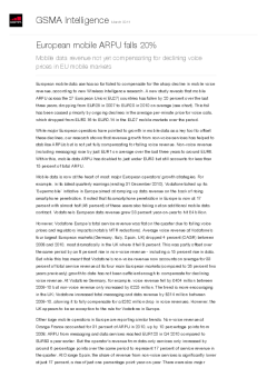 European mobile ARPU falls 20% - Mobile data revenue not yet compensating for declining voice prices in EU mobile markets