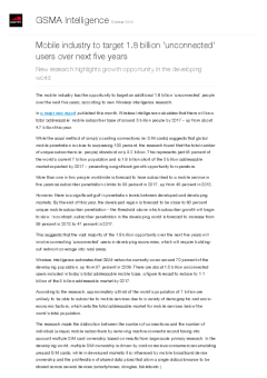 Mobile industry to target 1.8 billion 'unconnected' users over next five years - New research highlights growth opportunity in the developing world