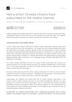 Half a billion Chinese citizens have subscribed to the mobile internet - Mobile driving internet penetration in China as operators focus on 4G