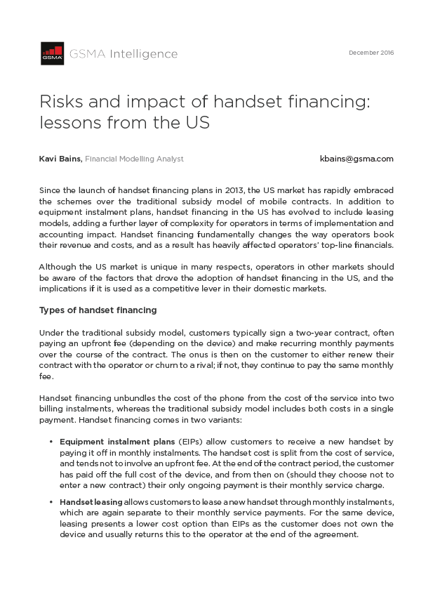 Risks and impact of handset financing: lessons from the US